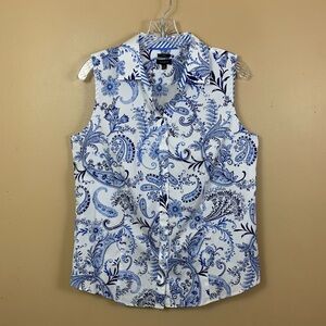 Talbots Top Womens 10 Blue White Paisley Non Iron Sleeveless Button Up Shirt EUC